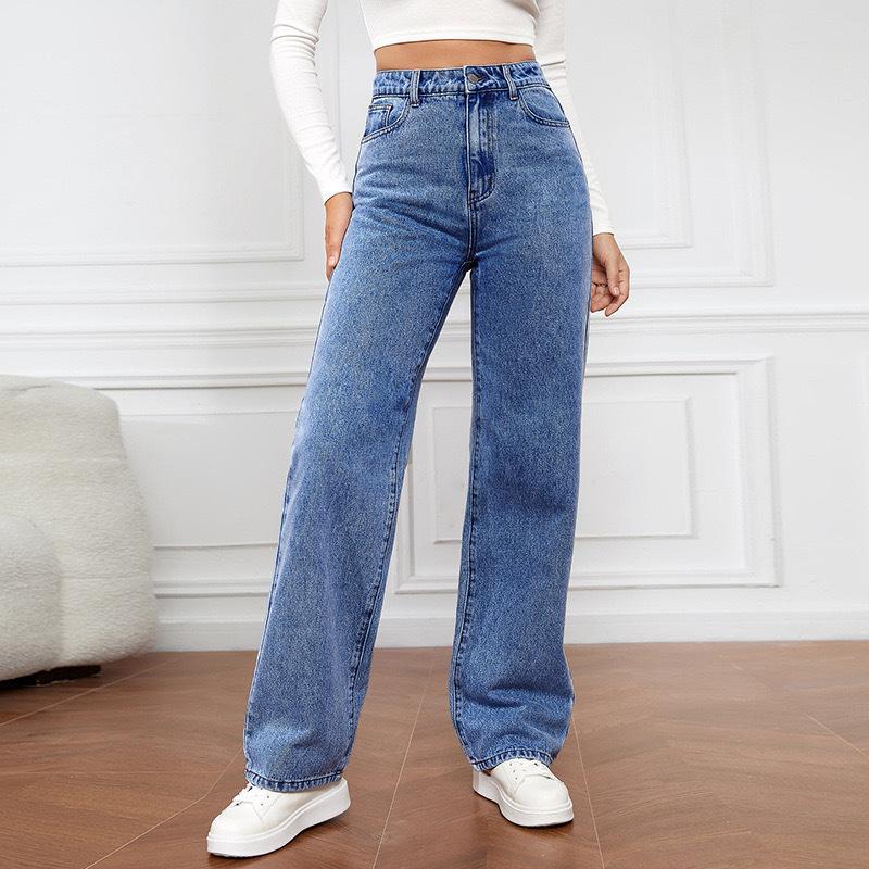 2025 High Rise Jeans for Women Wide Leg Stretchy Pants Straight Leg Loose Denim Tummy Control Trousers with Pockets Stretch Tights Waist