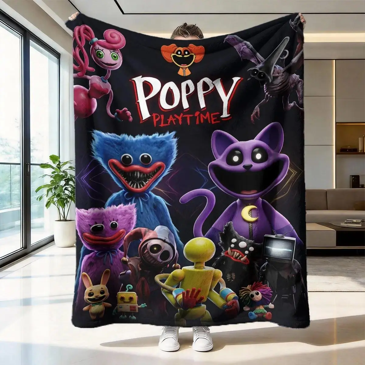 Poppy Playtime Flannel Blanket Soft Skin Friendly Warm Sofa Bedroom Nap Throw Blanket Multi Scene Use Classic Style Print Pattern