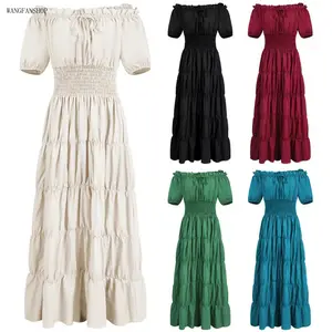 Women Medieval Renaissance Gothic Long Dress, Short Sleeve Smocked Waist Irish Peasant Wench Retro Gown, Lightweight Halloween Party Costume for Vacation Beach Summer Outfits