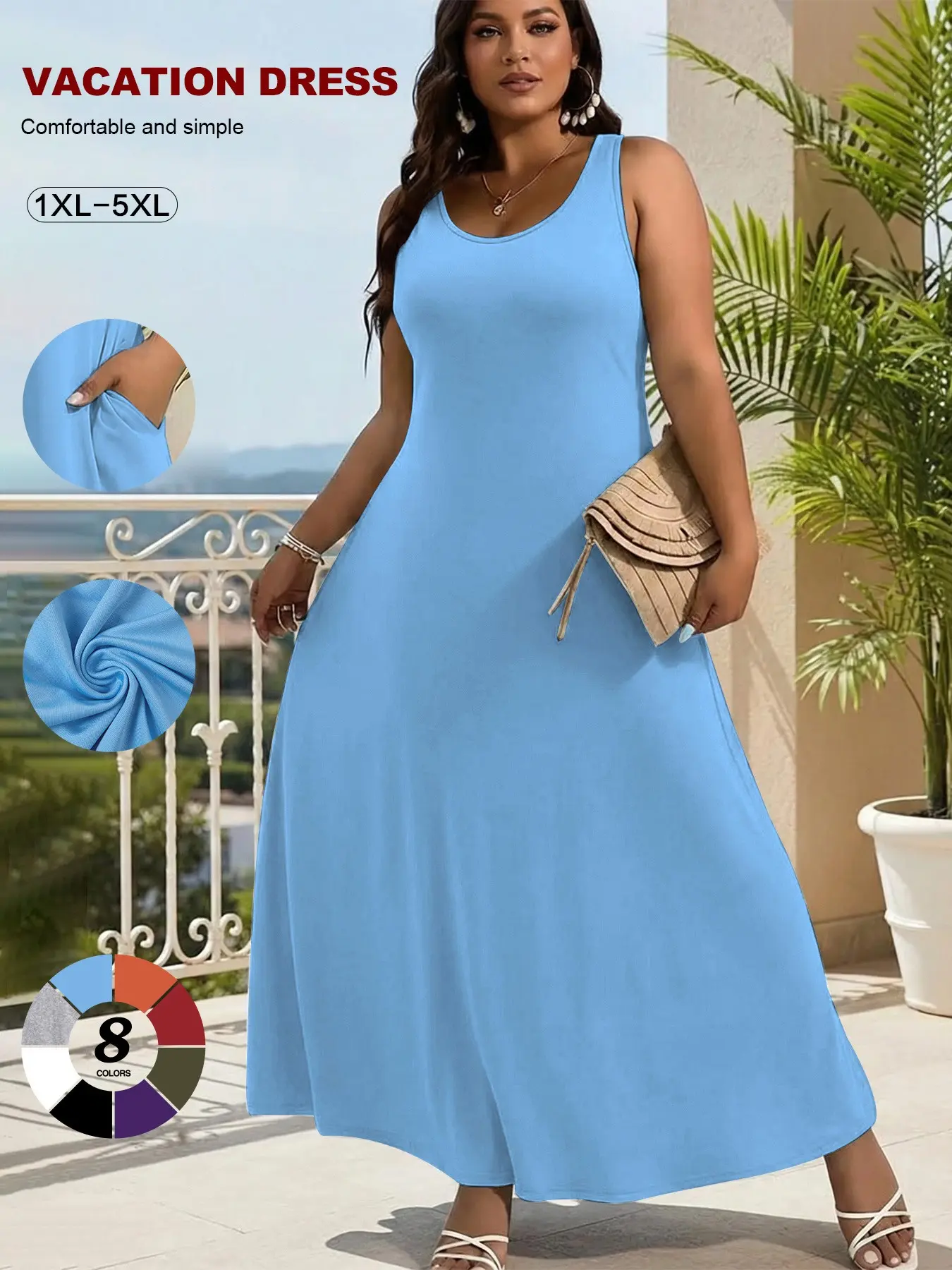 Plus Size U Neck Sleeveless Pocket Long Dress, Solid Color Loose A-Line Floor-Length, Elastic Knit Casual Dress, Sizes 1xl-5xl