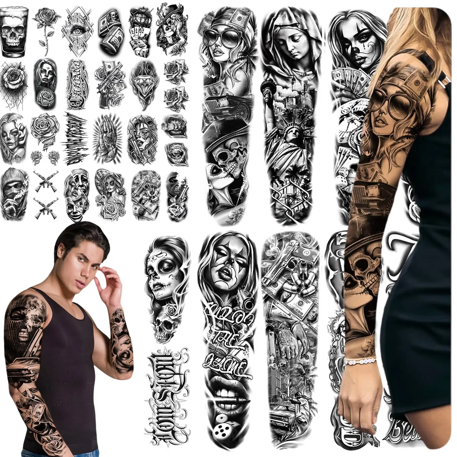 46 Sheets Chicano Temporary Tattoos, Realistic Full Arm Large & Small Mexico Day of the Dead Clown Prisoner Gangster Tattoo Stickers, Waterproof Long Lasting Body Tattoos for Adults Teens Kids Men Women