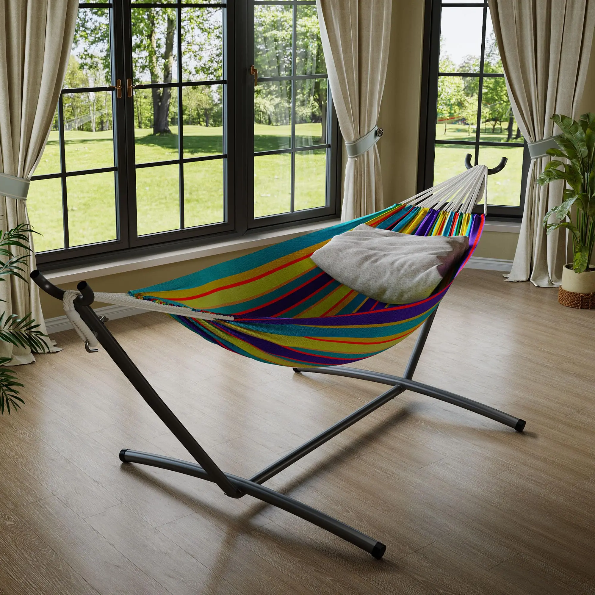 Double Hammock with Collapsible Steel Stand, Adjustable Double Layer Thick Rope Hammock with Carry Bag, 450 lbs Capacity Portable Outdoor Dressing Bed for Backyard Porch, Hammock Camping, Hanging Cotton Rope Hammocks, Swing Chairs & Accessories