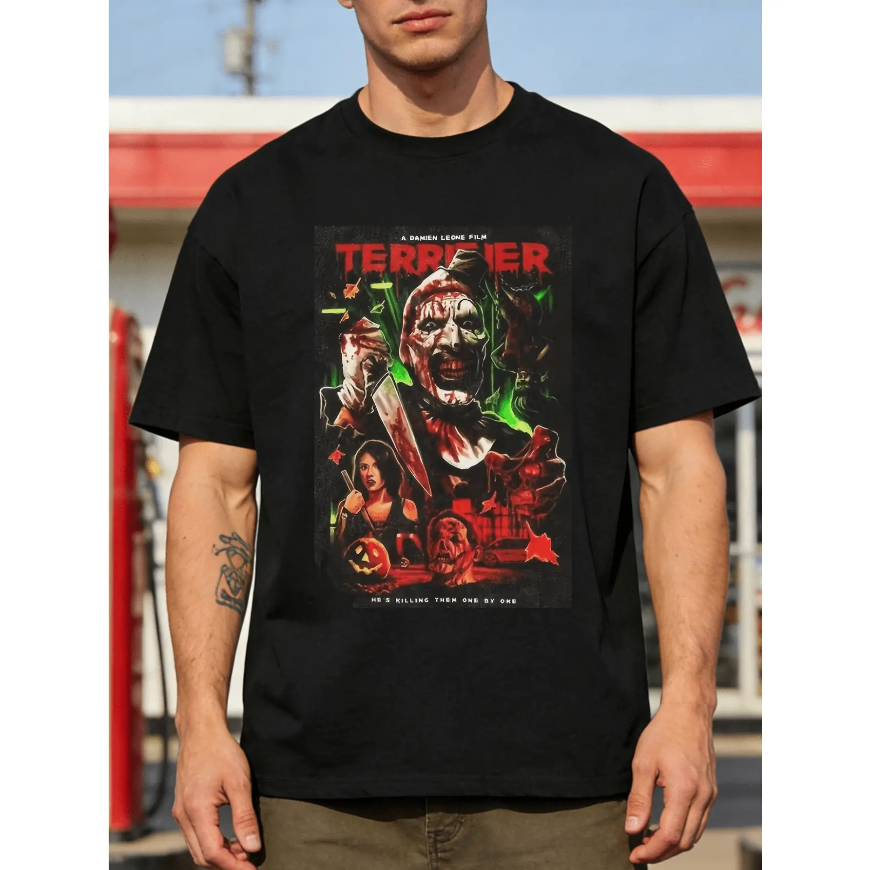 Men's Terrifieringie Art The Clown Horror Slasher T-Shirt - XL to 5XL Heavyweight 220gsm Crew Neck Tee with Iconic Clown Print, Loose Fit Suitable for Casual Wear, Workouts & Themed Events, Machine Washable Horror Apparel