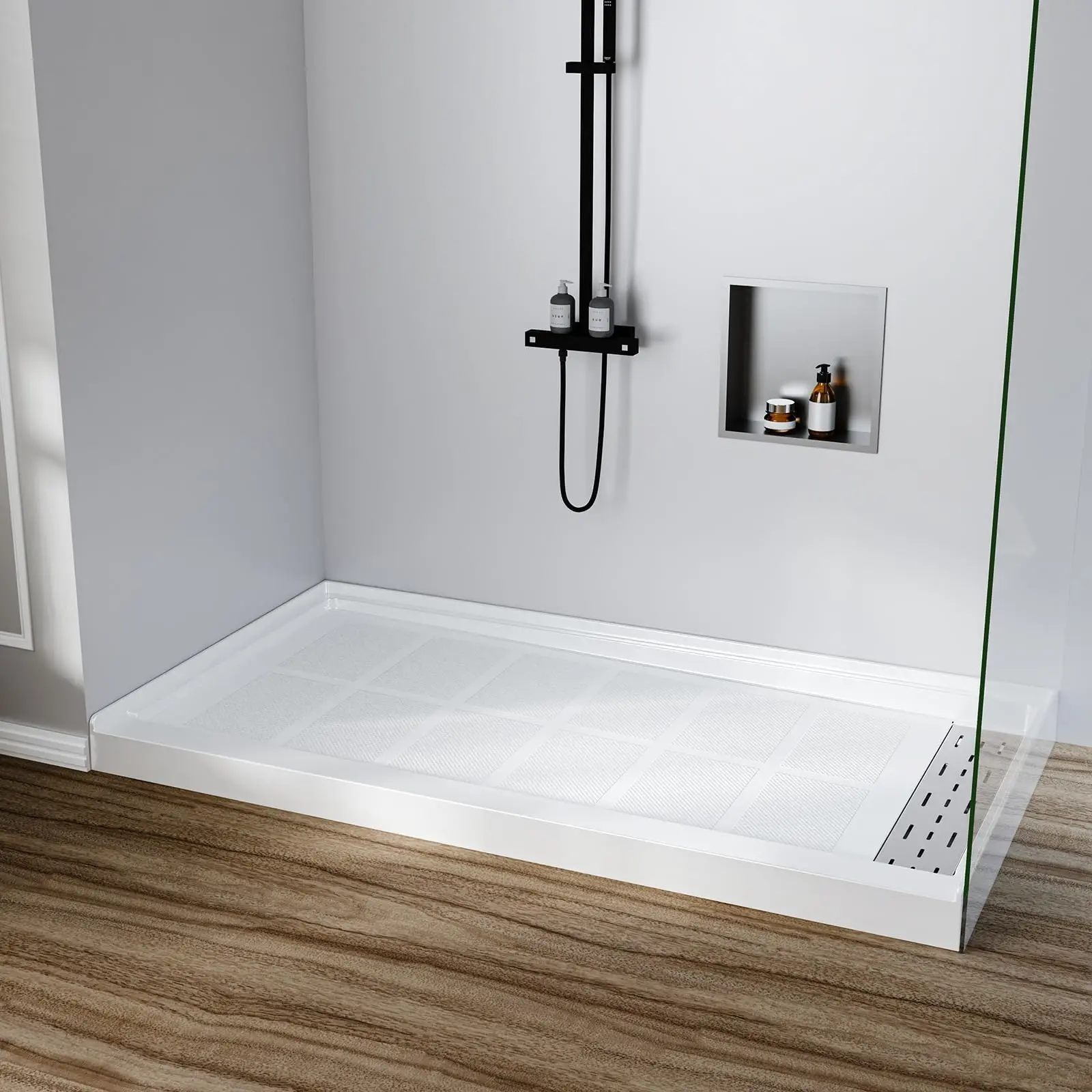 White PVC Composite Shower Pan - Multi-Size (60"x36", 60"x32", 48"x32"), Low Step Entry, Non-Slip Bathroom Hardware, 3-Sided Splash Guard, Right/Left/Center Drain, 304 Stainless Steel Drain Cover for Mobility Users