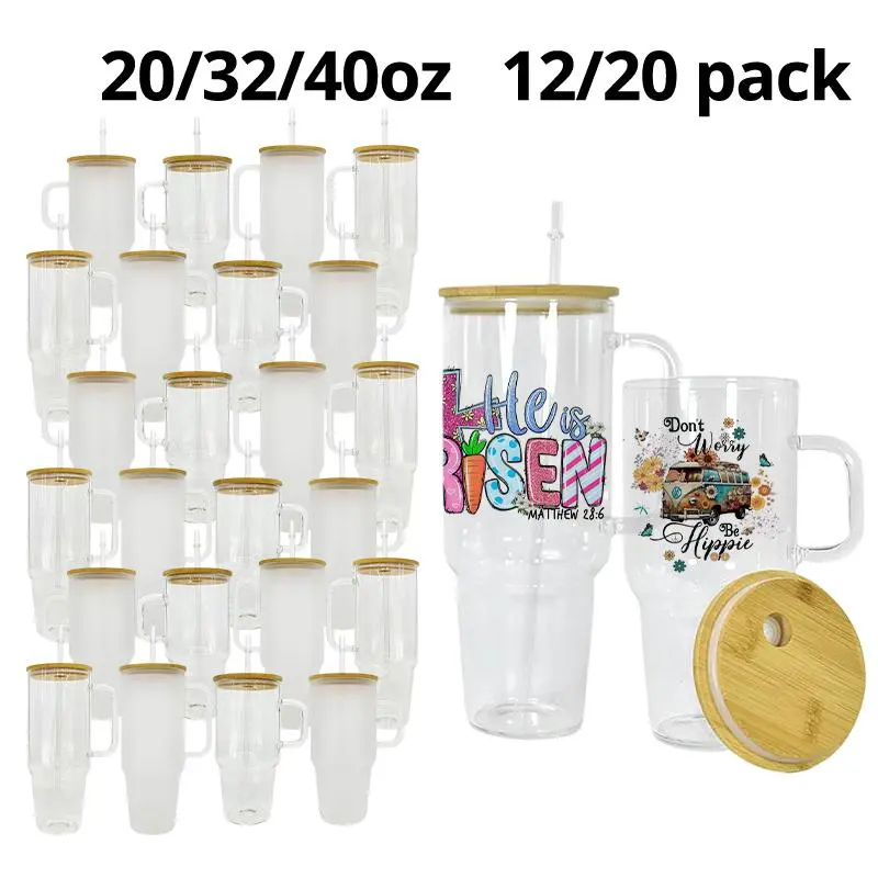 20pack Sublimation Glass Mug, 20/32/40oz Bulk Set, Sublimation Mug with Bamboo Lids, Plastic Straws, Single Box, for Iced Coffee, DIY Gifts,Party,