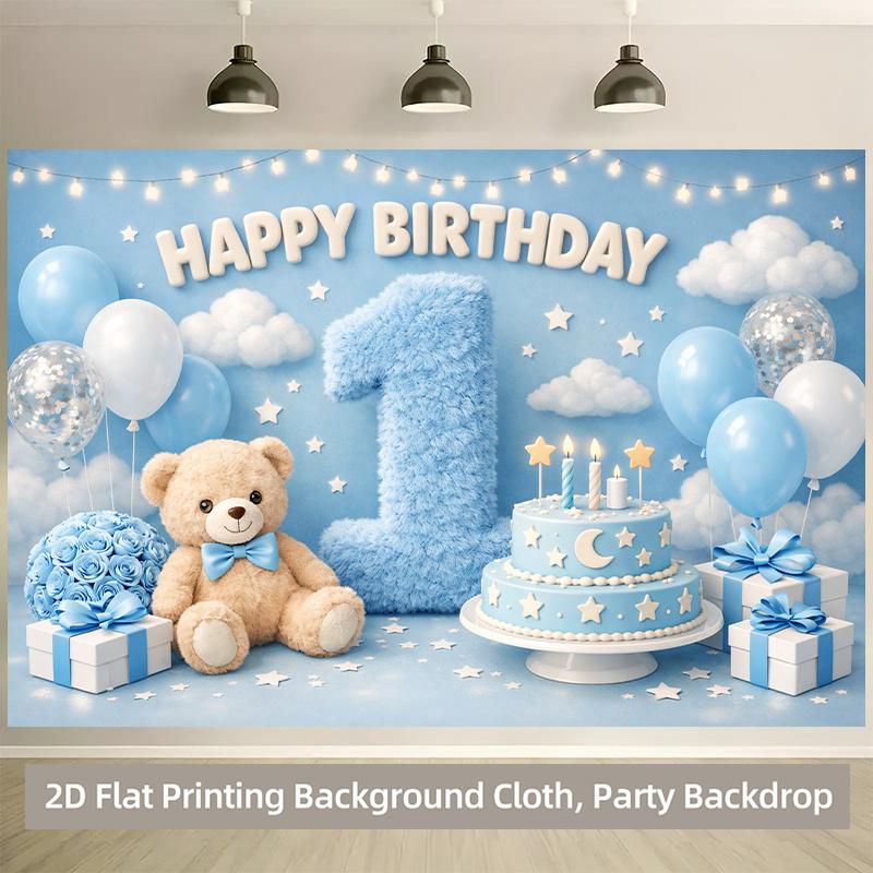 Blue 1st Birthday Party Backdrop Banner, Teddy Bear Theme, Polyester Material, Indoor Outdoor Decor, Stage Room Decoration, Holiday Party Supplies