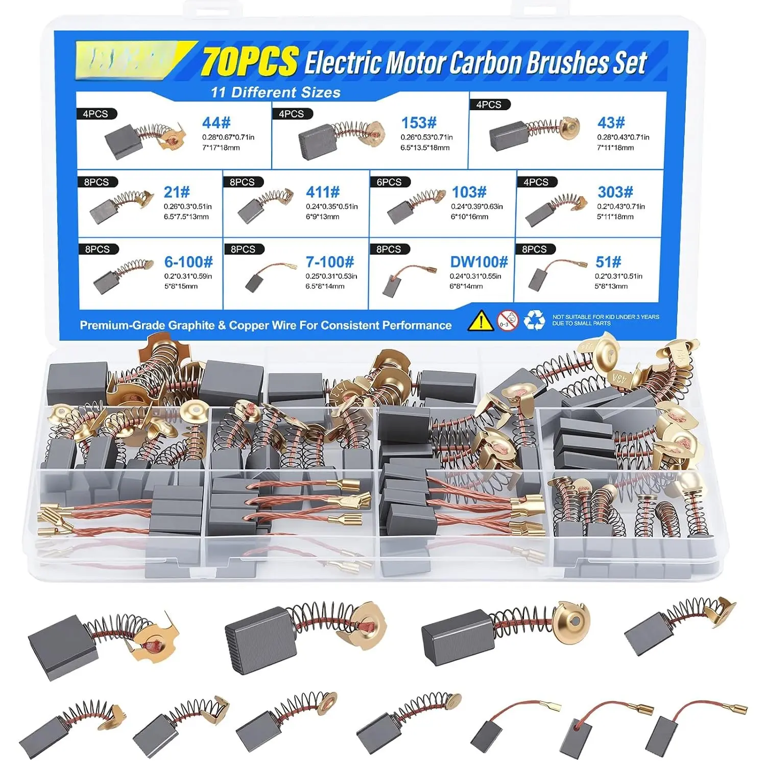 70-Count Electric Carbon Brushes Kit Pack, 11 Sizes with Thick Copper Wire Graphite, Repair Kit for Power Tools, Drills, Repair Techs