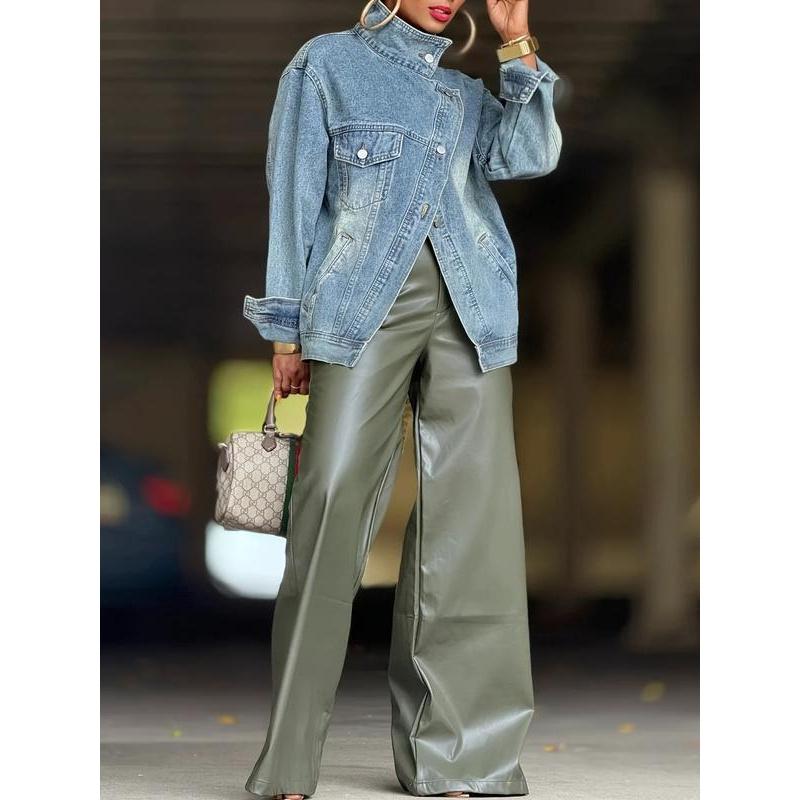 Women'S Vintage Washed High Neck Asymmetric Button Loose Denim Jacket Street Style Trendy Versatile Top For Spring Autumn Winter Seasons Coats....