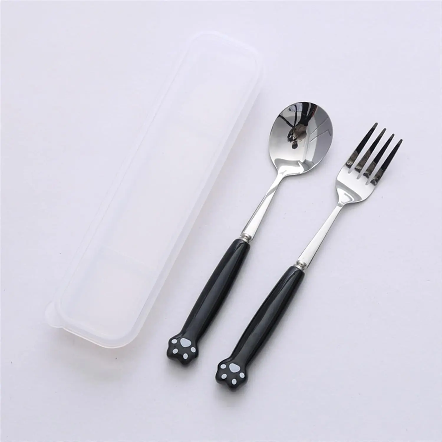 Cute Silverware Set,  Paw Ceramic Handle Dinnerware Set Flatware Kitchen Accessories Camping Travel Sets Fork Spoon Chopstick Portable Cutlery Sets with Case, Black  Blue Yellow Green