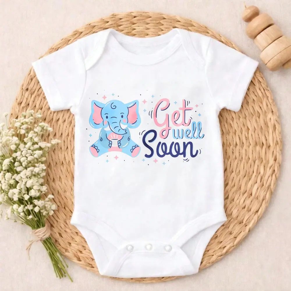 Baby Onesie Blue Elephant Get Well Soon Print 100% Pure Cotton Gentle On Skin Snap Closure Breathable Perfect For Gifting & Everyday