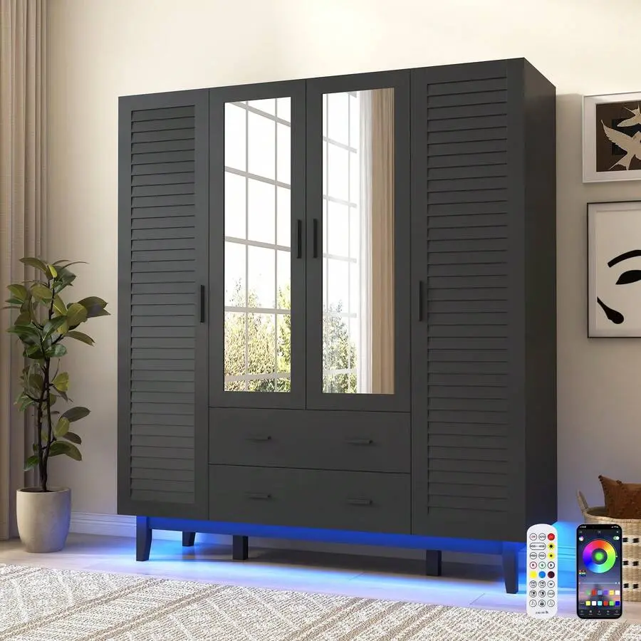 Rectangular MDF Wood Wardrobe Armoire - 2/3/4 Doors, 2 Louver Doors, USB-Powered LED Lighting, Multi-Tier Shelves, Hanging Space, Drawers, Large Capacity Indoor Bedroom Furniture