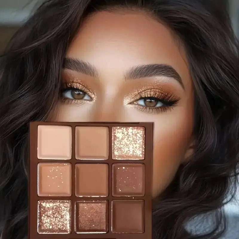 9-color chocolate eyeshadow palette—earth tones, including matte, shimmer, and glitter finishes. Non-fallout, fine texture, easy to blend. Matte earth-tone eyeshadows enhance your eye makeup charm, perfect for natural warm-toned looks for daily wear, offi