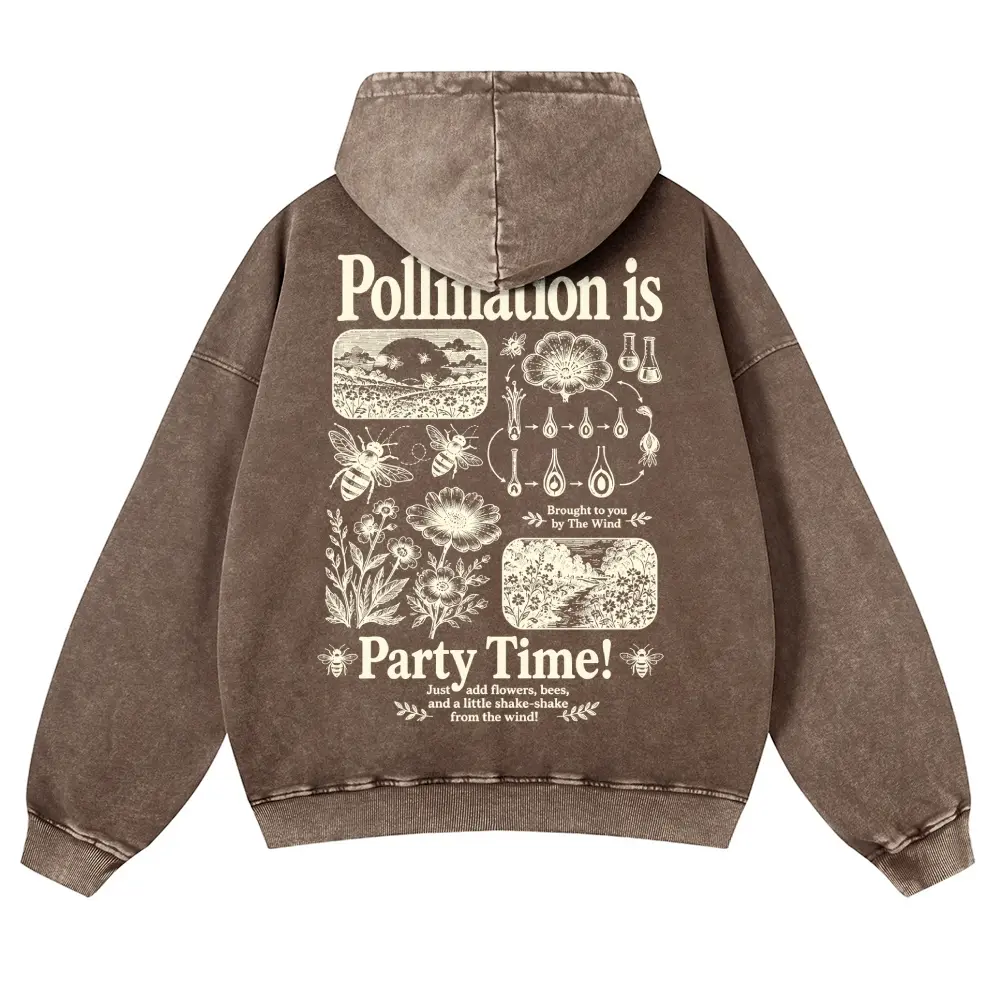Men's Cotton 380g Casual Hoodie - Floral Bee Botany Pollination Graphic Sweatshirt, Vintage Washed Fabric, Relaxed Fit Tops, Jeans, Long Sleeve, Oversize, Pullover, Thick, Menswear, Longsleeves, Graphic Hoodies