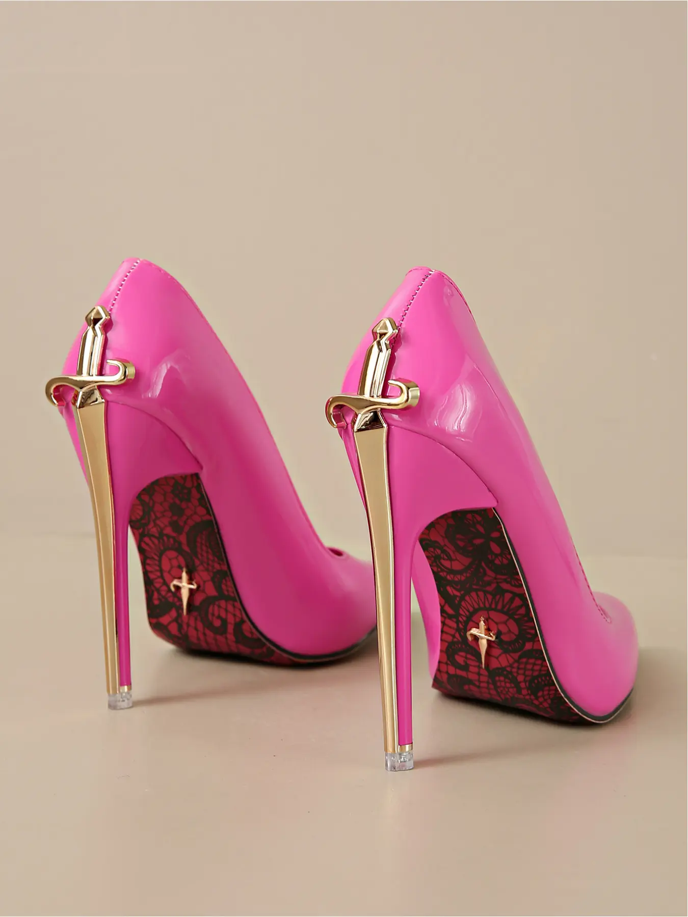 Women Hot Pink Patent Leather Stiletto Heels High Heels 12cm Sword Shaped Metal Heel Pointed Toe Party Pumps