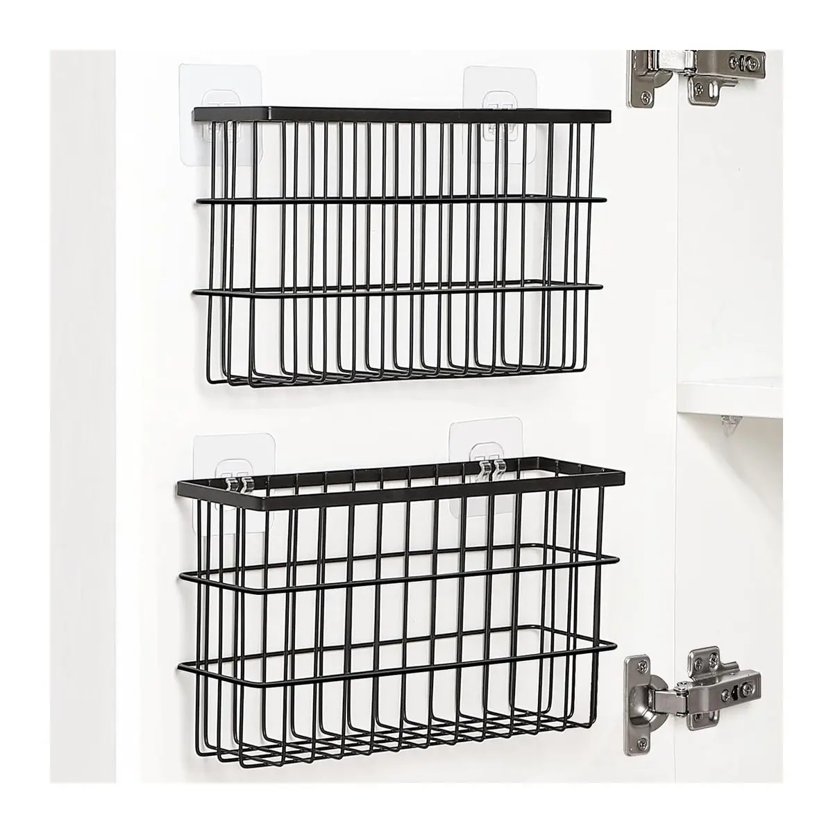2-Pack Metal Cabinet Door Organizer Baskets Set, Self-Adhesive Wall-Mounted Hanging Racks, Multi-Use Storage Caddy Box for Kitchen & Bathroom