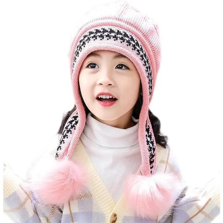 Girls' Peruvian Knit Beanie with Sherpa Fleece Lining, Winter Hat with Ear Flaps and Pom Pom for Kids, No, One Size