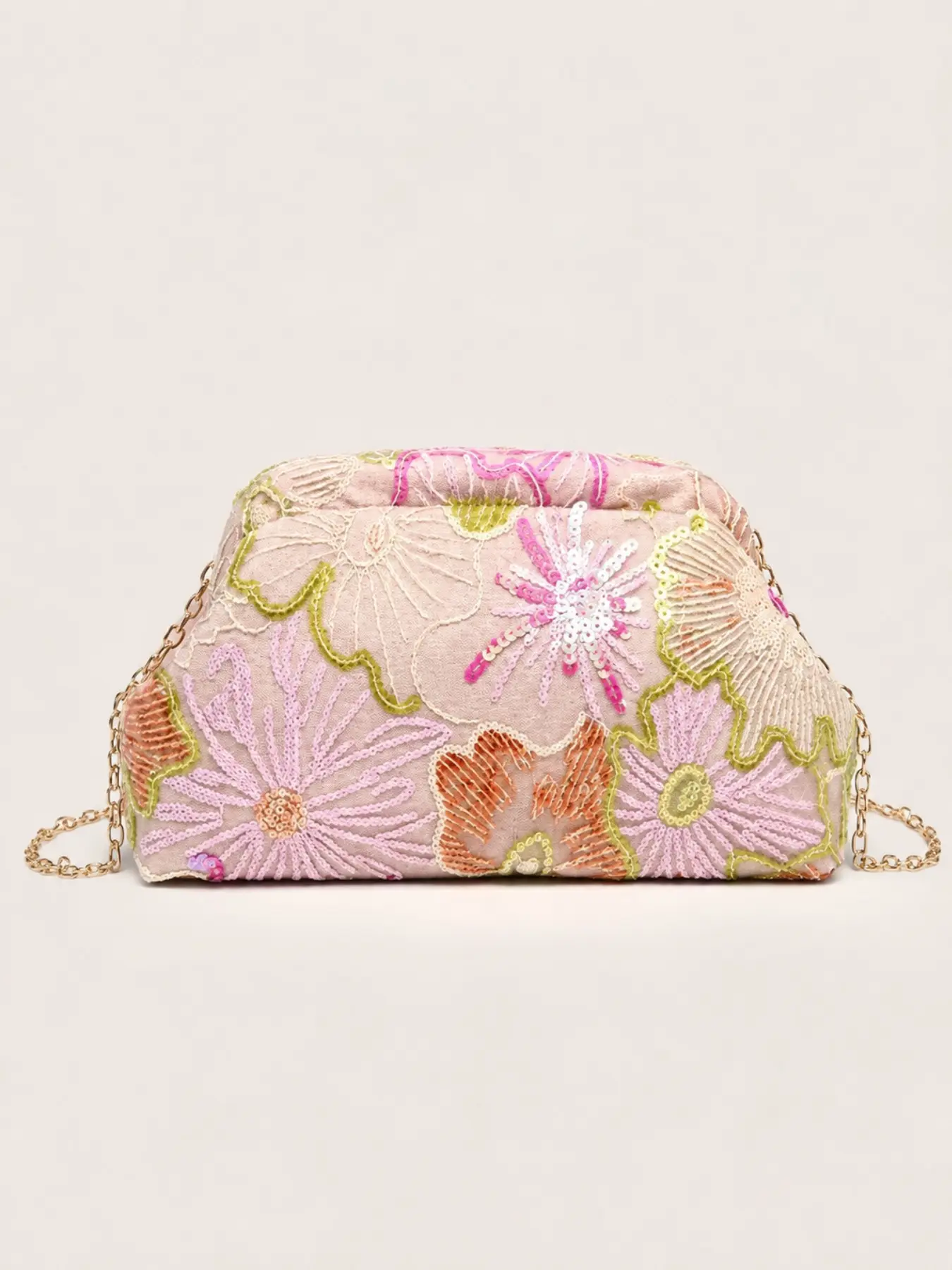 Women's Floral Embroidered Fashionable Embellished Clutch Purse with Gold Chain Strap, Elegant Small Crossbody Evening Bag for Wedding, Party & Prom