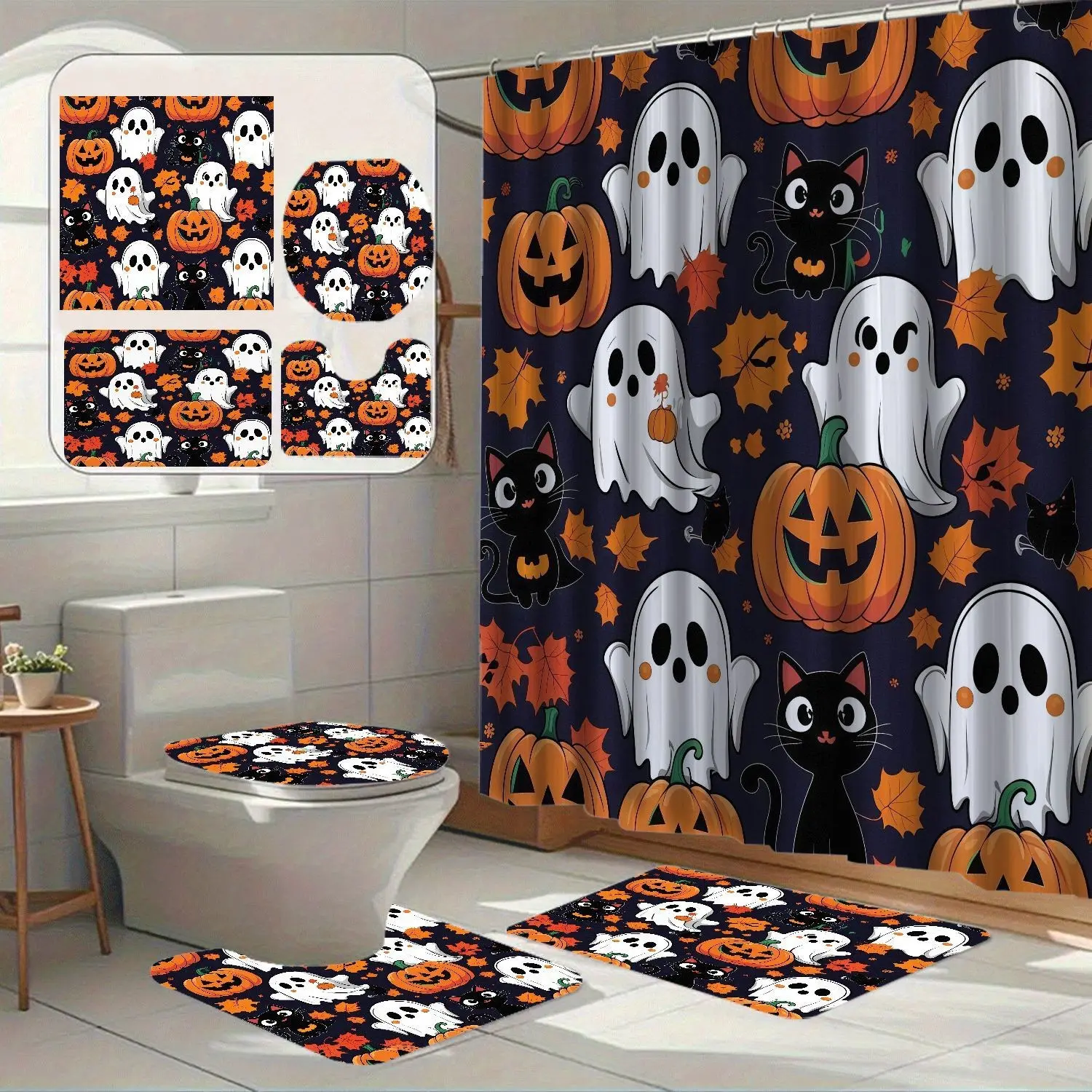 Halloween Pumpkin Cat Maple Leaf Bath Curtain Set, Shower Curtain Set for Bathroom, Waterproof Polyester, Easy Clean, Bathroom Decor, Fall Home Use, Bathroom Curtains Shower