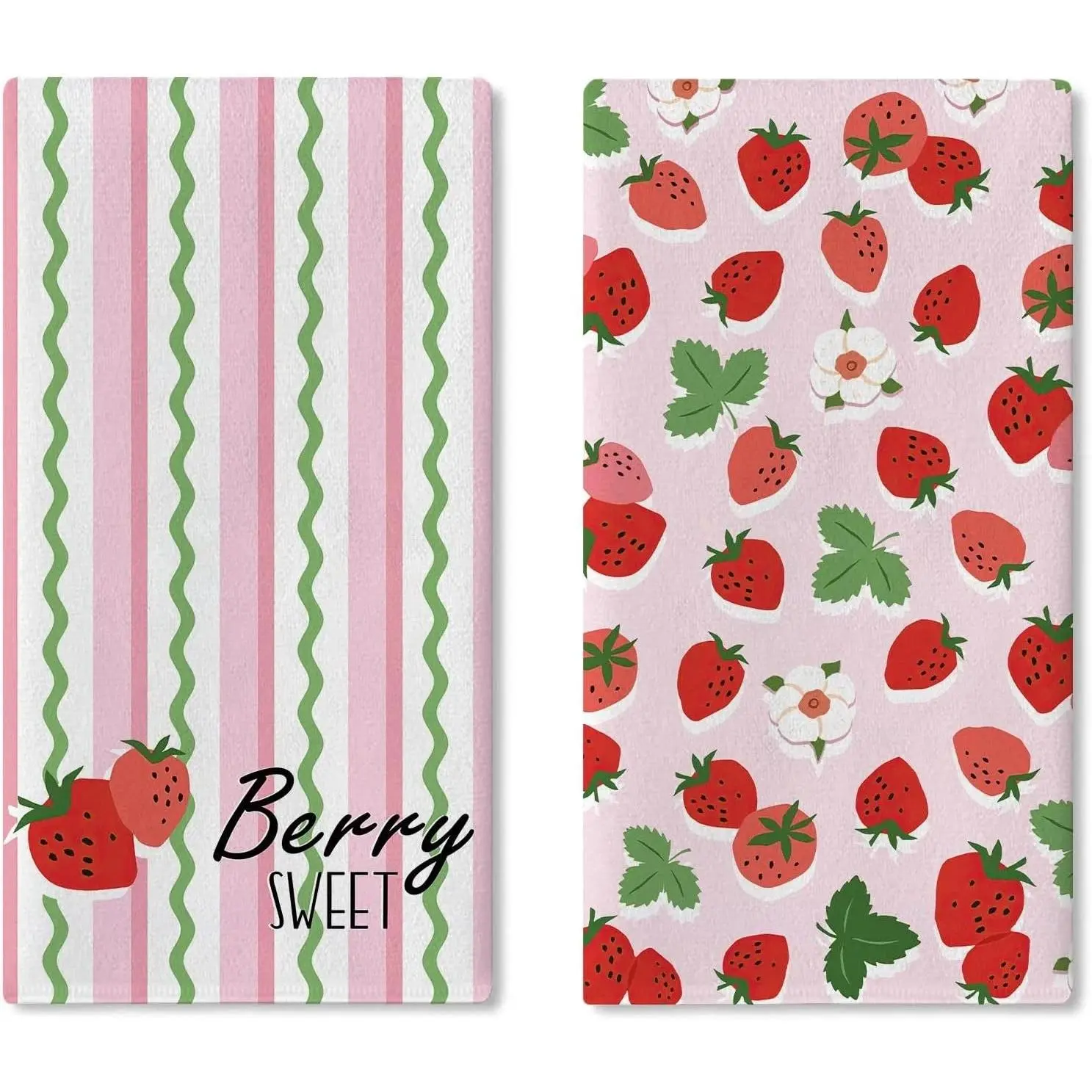 2-Pack Watercolor Strawberry Kitchen Dish Towels (16x24in) - Pink Green Berry Floral, Striped Farmhouse Style, Cleaning Drying Hands Cloth, Comfortable Household Bathroom Home Decor, Ideal Gift, Machine Wash