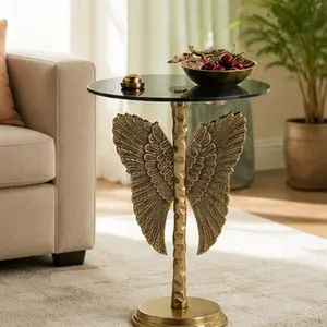 ARCH 15.5x15.5x24" Round Top Accent Side Table with Gold Angel Wing Design, Aluminum and Glass Pedestal End Table for Living Room, Bedroom, Entryway, Art Deco Glam Decor, Multiple Color Options, Black+Brown/Black+Gold/Gold/Gold+Black Color Options