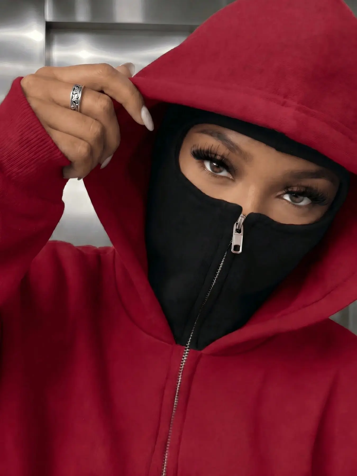 Women's Two-In-One Zipper Hoodie with Detachable Face Mask, Casual Street Style, Loose Fit with Pockets, Full-Zip Outerwear
