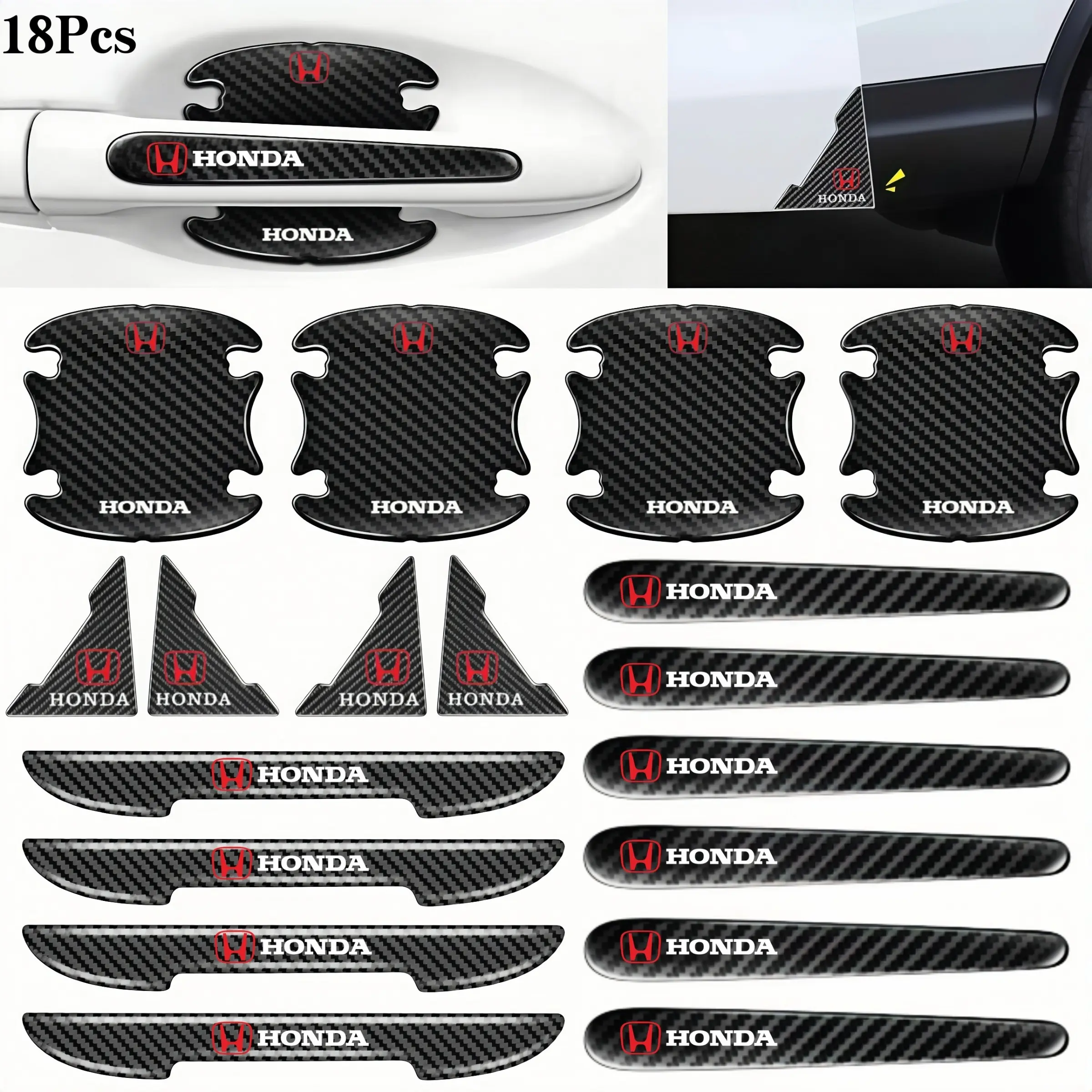 18pcs Carbon Fiber Car Door Handle Protectors, Waterproof 3D Cup Films, Anti-Collision Scratch Guard, Honda Compatible, Car Interior Accessory