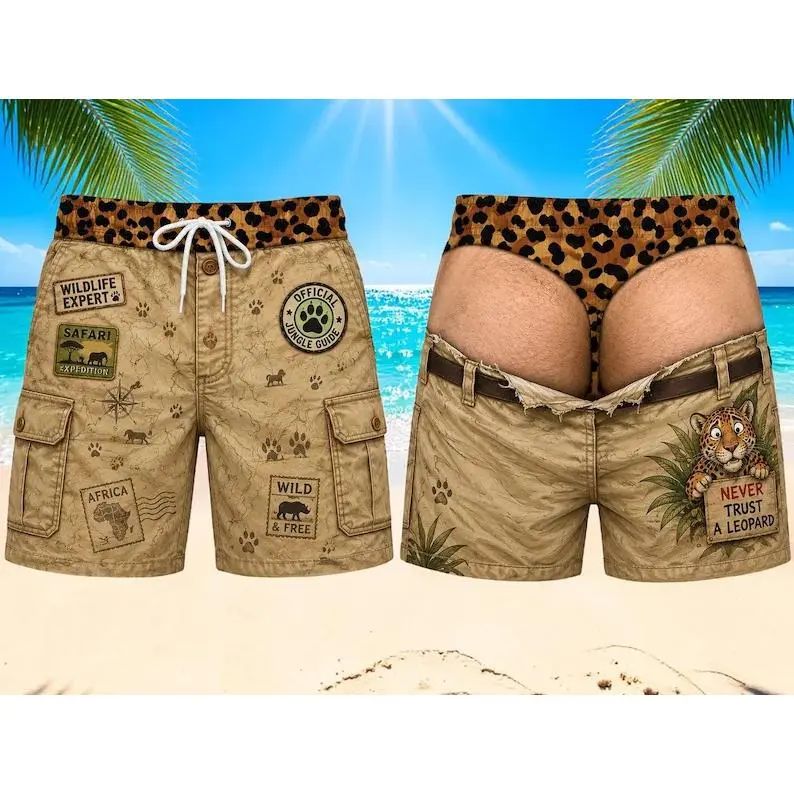 Beach Shorts,Funny Leopard Fake Butt Novelty Swim Trunks,Men Cargo Short Pants Gag Gift For Husband,Summer Vacation Pool Beachwear,Men Safari Leopard Print Double Layer Cargo Swim Trunks,Custom Skin Tone Available # FunnyShorts # NoveltyMensSwim
