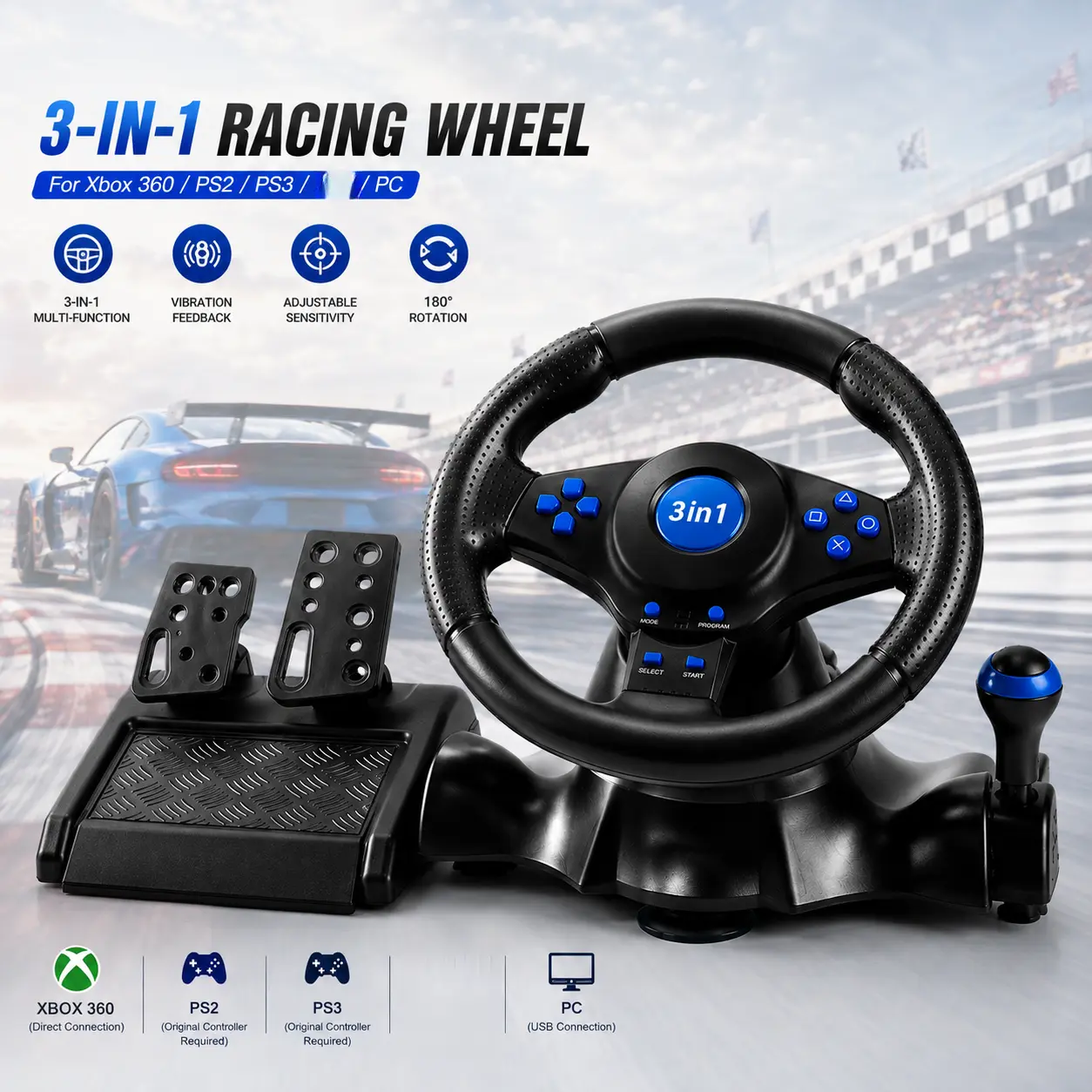 ABS Plastic 4-in-1 Gaming Steering Wheel Controller with Grips, Vibration Feedback, USB Connection, Adjustable Design for Xbox 360, PS2, PS3, PC Console Accessories, Vibration Feedb. controller rracing accessories