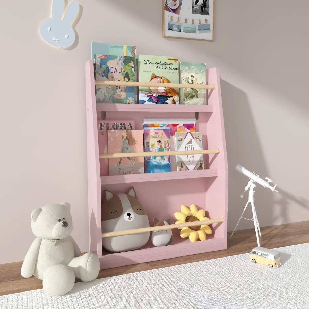 Pink 3-Tier Kids Book Shelf - MDF + Pine Construction, 5kg Capacity, Encourages Reading for 3 and Up, Home Organizer for Bedroom to Keep Space Organized