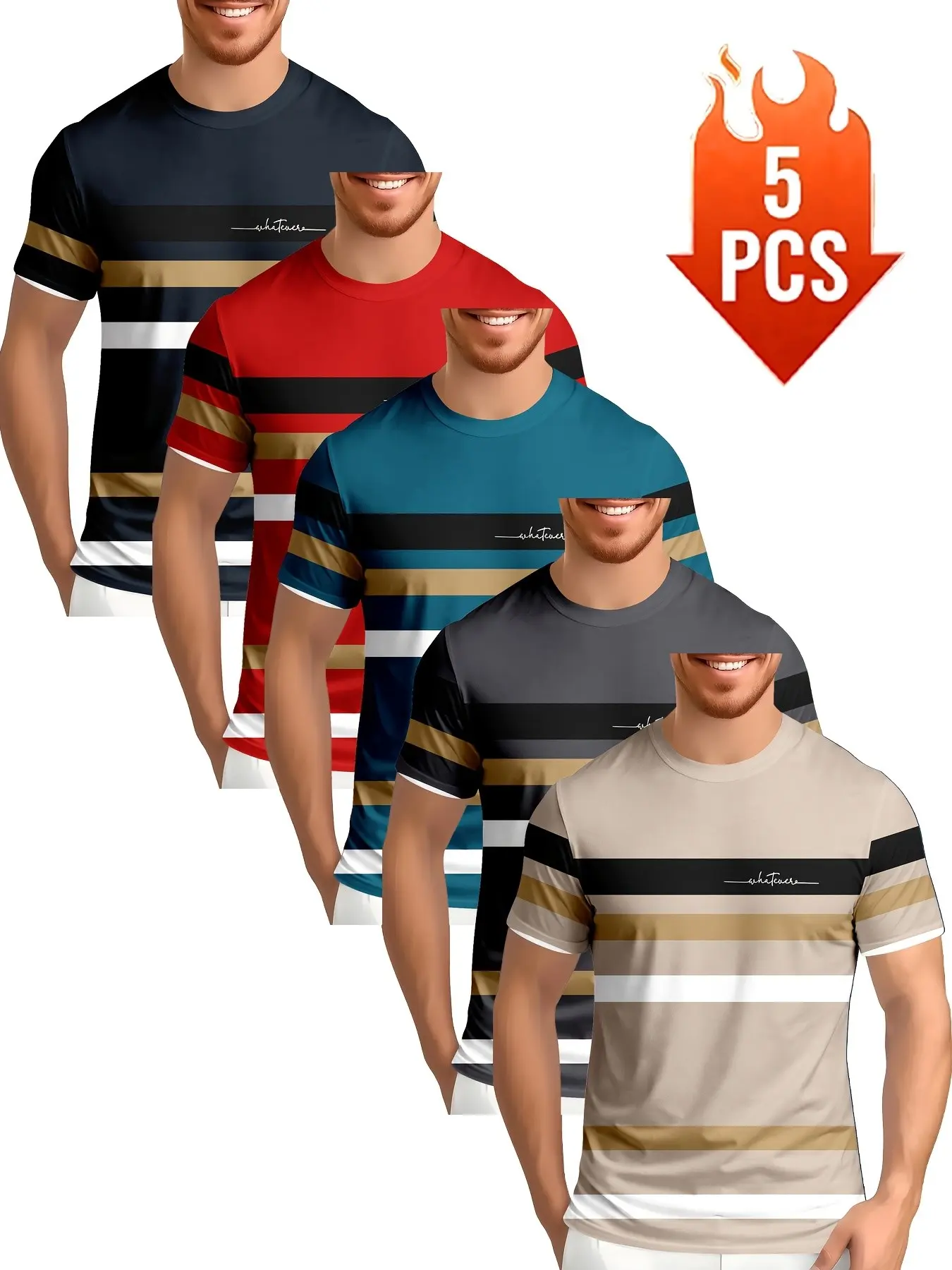 Men's Striped Short Sleeve Round Neck T-Shirt Set of Five, Casual Loose Fit Summer Top, Comfortable Graphic Tee for Men, H-Type Silhouette