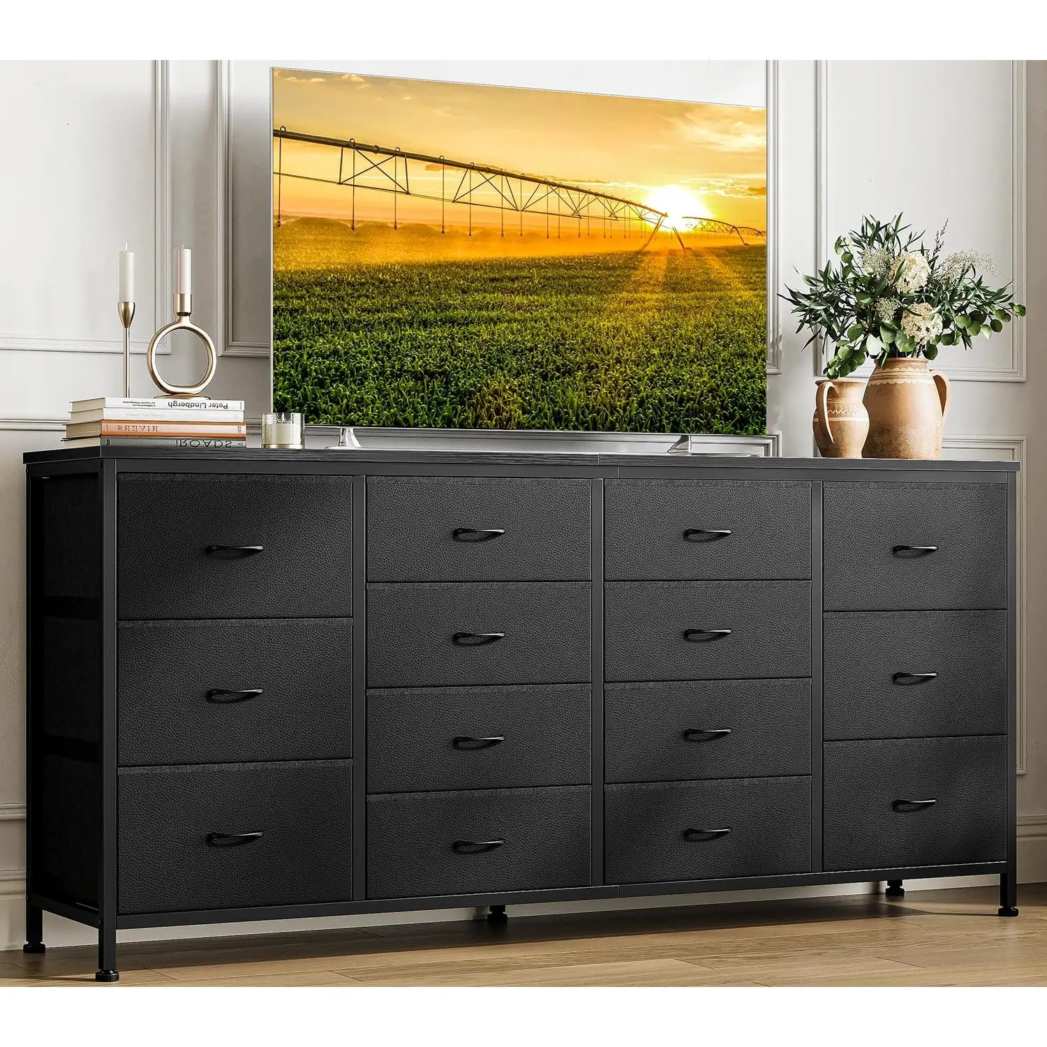 63'' Multifunctional Storage Unit - Fabric and Black Leather Upholstered Entertainment Center with 14 Drawers, Integrated Outlets, Living Room Decor, Storage Organization, Furniture for Bedroom
