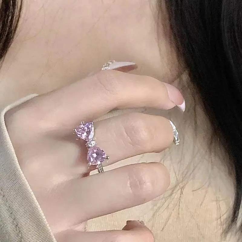 Y2K Pink Crystal Bow Tie Rings Girls Rhinestone Ring Women Bow Knot Finger Ring Adjustable Jewelry Gift