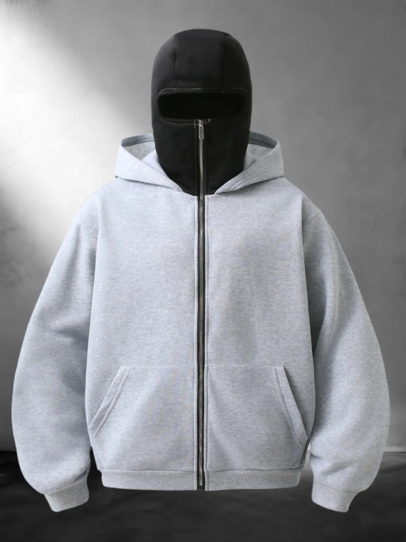 Mens Full Zip Up Balaclava Hooded Jacket, Integrated Face Cover Design, Front Kangaroo Pocket, Thick Loose Windproof Fabric, Hip Hop Streetwear for Cycling Skate Daily Casual Outdoor Matching Outfits#BalaclavaHoodie #ZipUpStreetwear #MensHipHopJacket
