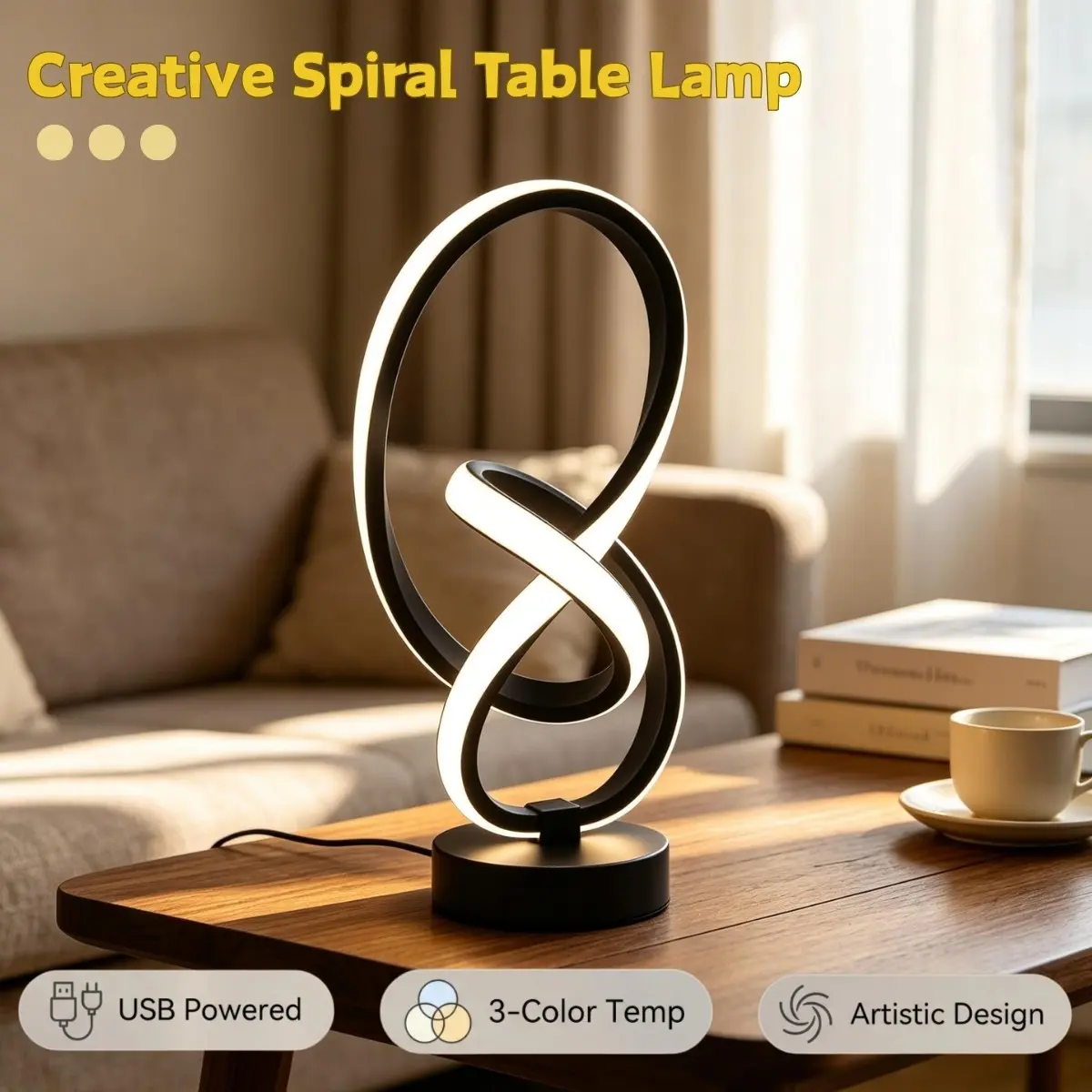 Modern Spiral LED Desk Lamp, USB Powered, Adjustable Desk Lighting, Three-Temperature Adjustable, Minimalist Creative Desktop Light, Ideal for Living Room, Office, Hotel, Home Decor, Gift Idea
