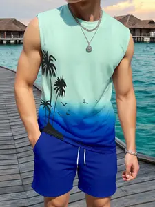 Men's Palm Tree Print Two-Piece Set, Sleeveless Crew Neck Vest and Drawstring Shorts, Summer Beach Vacation Streetwear Set