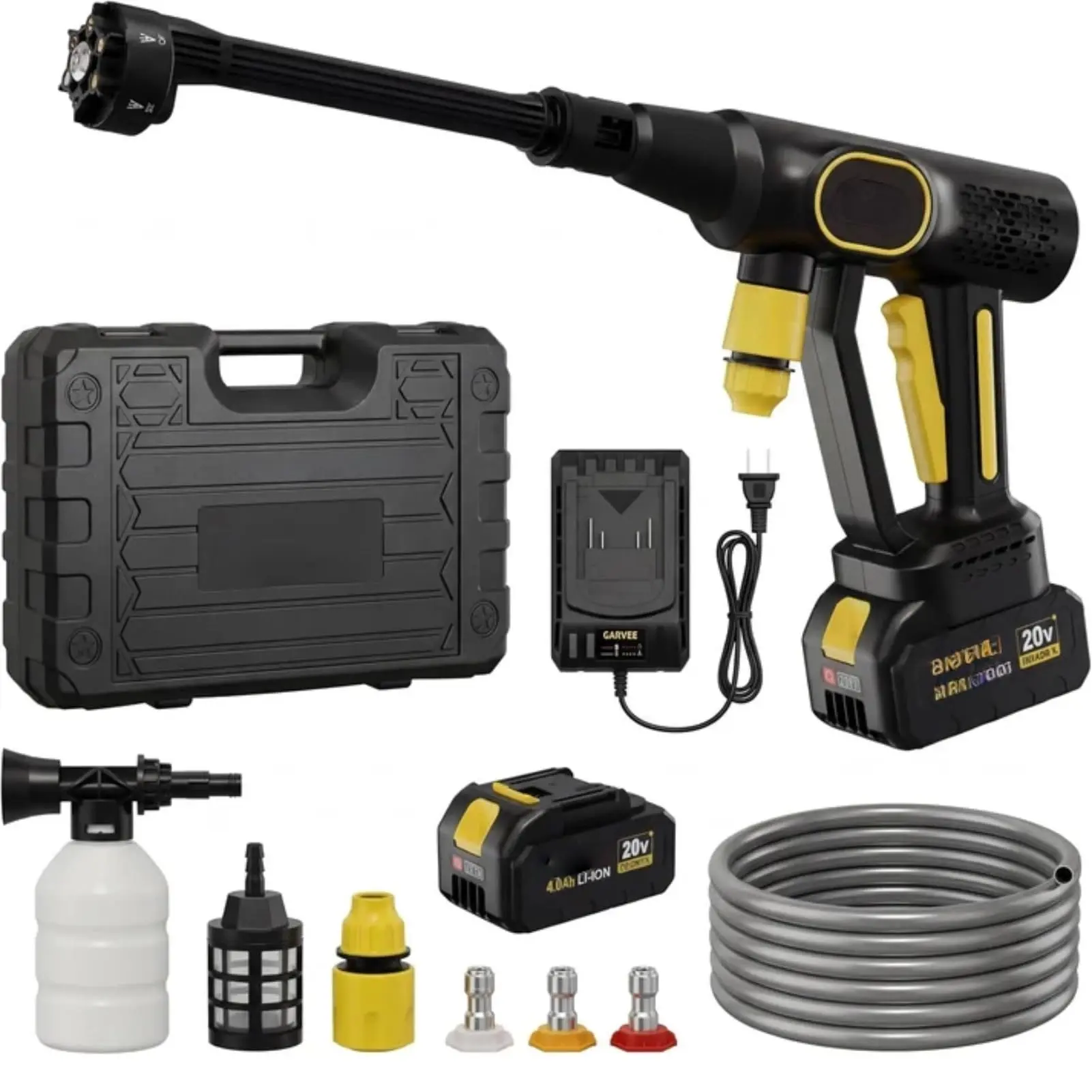 GARVEE 20V Cordless Pressure Washer, 320 PSI Portable Power Cleaner with 5-in-1 Nozzle (0°/15°/25°/40°/Shower Mode), Foam Cannon & 8m Hose, 4.0Ah Battery for Car, Patio & Home, Black/Yellow
