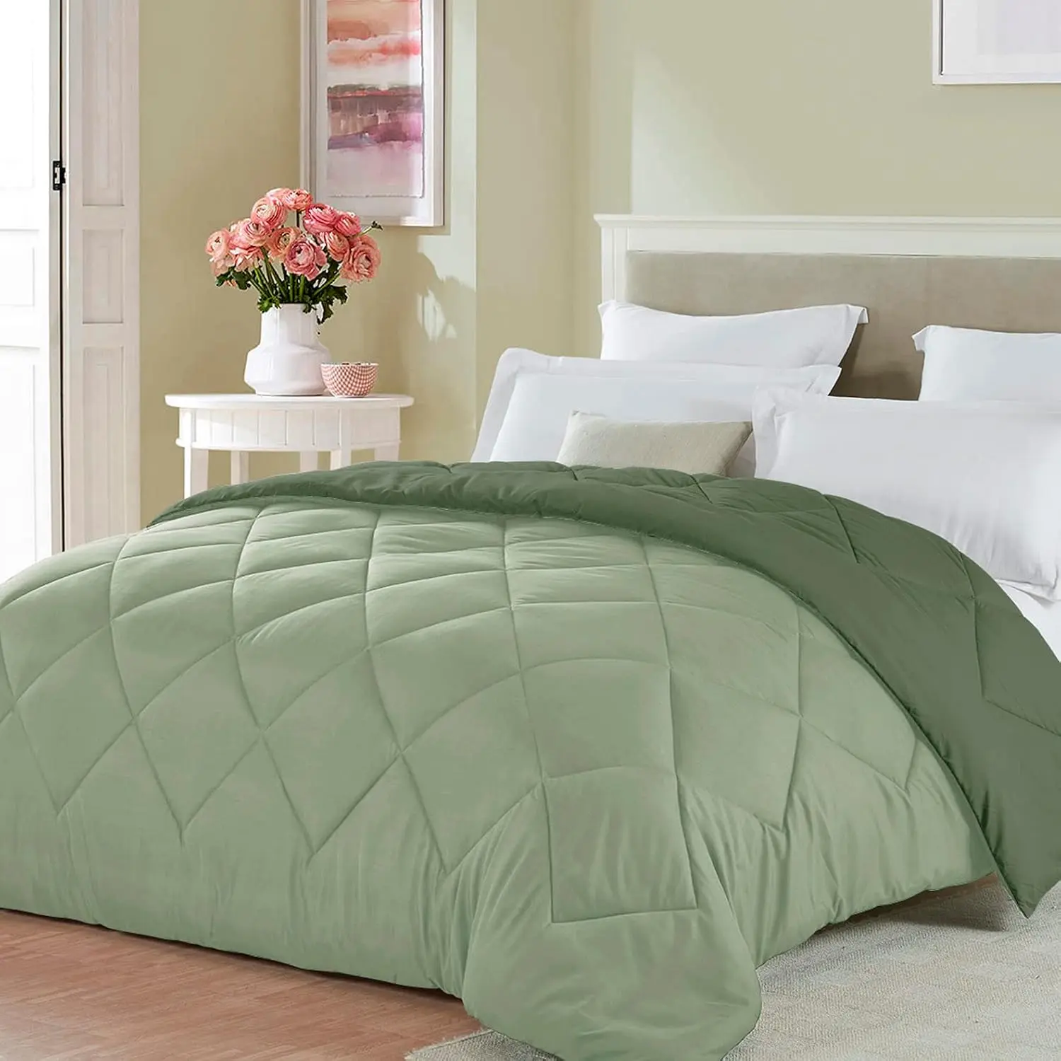 Single Forest Sage Green Reversible Comforter - Lightweight, Cooling Synthetic Bedding for Bedroom Decor, Durable Bedspread That Fits Size Beds (Spring Blanket Alternative)