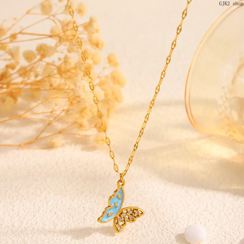 Women's Chic Minimalism Gold-Tone Half-Enamel Blue Butterfly Necklace, Dainty Stainless Steel Tarnish-Free Rhinestone Pendant Necklace for Daily Wear