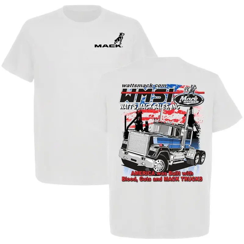 Mack Trucks Watt's Mack Sales "America Was Built With Blood, Guts and MACK" Tee Oversized printed T-shirts, collegiate-style clothing