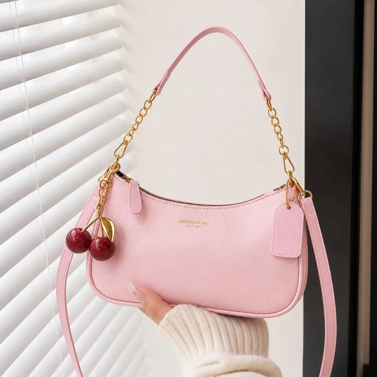 Y2K Pink Shoulder Bag with Cherry Charm, Women's Small Hobo Underarm Purse, Gold Chain Strap Crossbody Bag for Work, Dating, Travel and Daily Outfits,bag charms,Y2K accessory styling,statement accessories