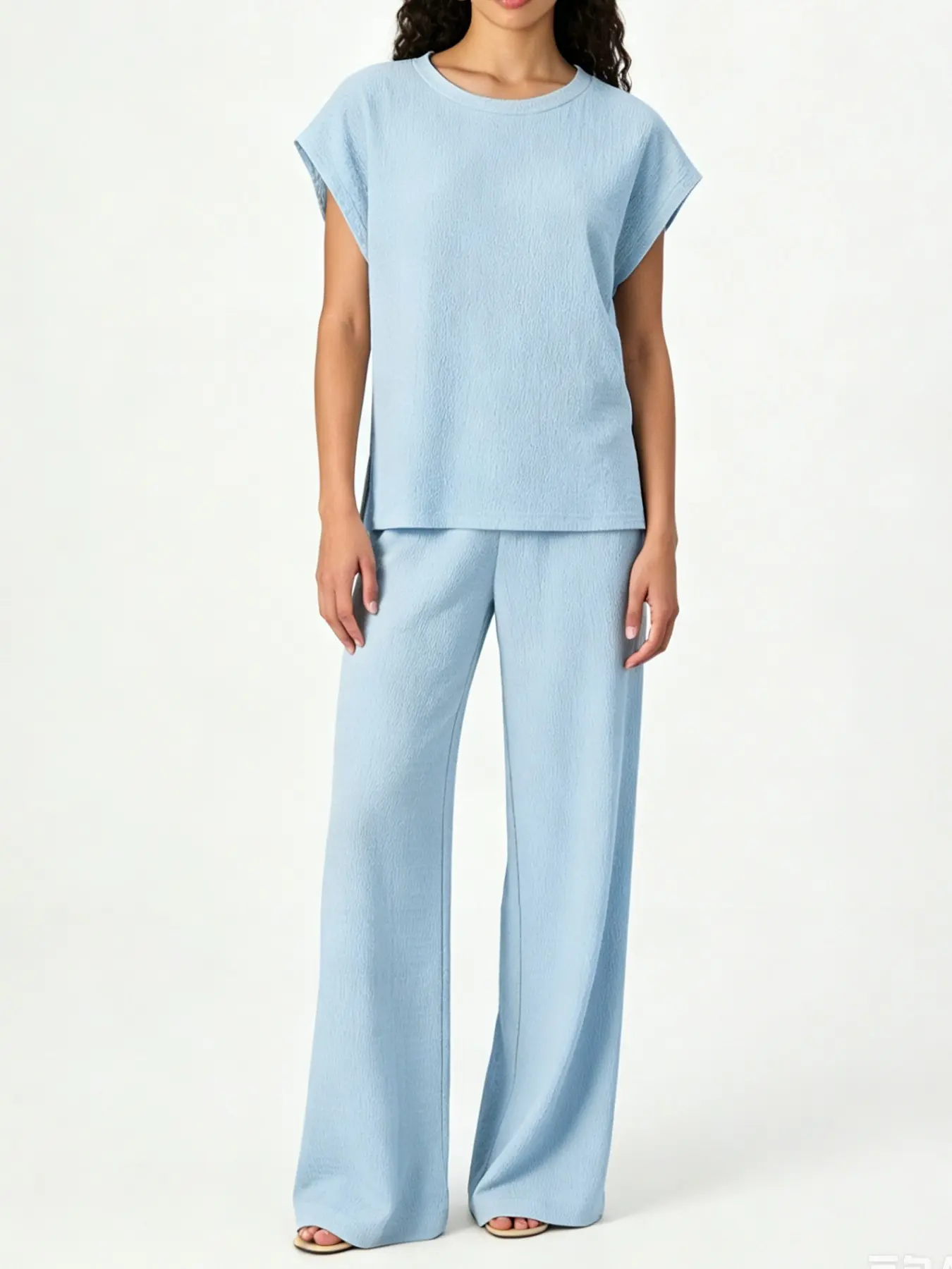 Summer New Plain Round Neck Drop Shoulder Sleeve Wide Leg Pants Casual Set, Textured Loose Slim Fit Sleeveless Two-Piece, Lazy and Elegant Style Top