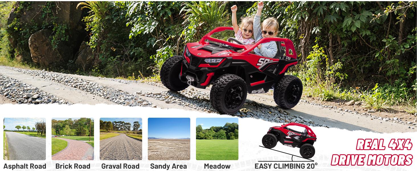 24V Ride on Toys for Big Kids 10AH Real Spacious 2-Seater, 4 x75W Motor 5MPH Ride on Car Kid UTV for Kids 3-8, EVA Tire, Remote Control, Bluetooth Music, 4 Spring Suspension (Red)