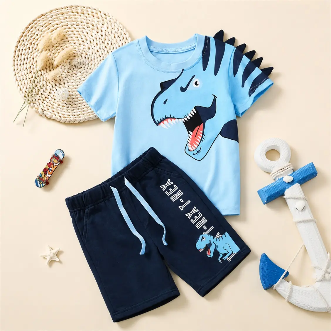 Please Check The Size Chart Before Ordering. Kids’ Summer Outfit Set Featuring a Blue Dinosaur Print T-Shirt and Navy Casual Shorts, Soft, Lightweight and Comfortable for Everyday Wear.