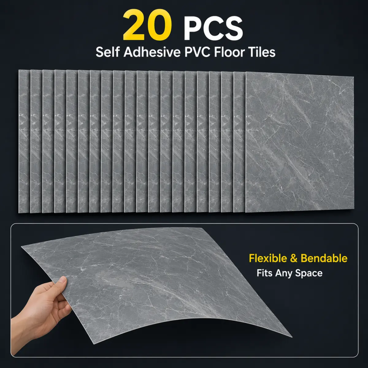 24x24 Inch Square Grey Marble Look Self Adhesive Peel and Stick Floor Tiles, Waterproof Wear Resistant PVC Flooring, Easy Cut Removable Floor Stickers, Home Bar Laundry Basement Utility Room DIY Floor Renovation
