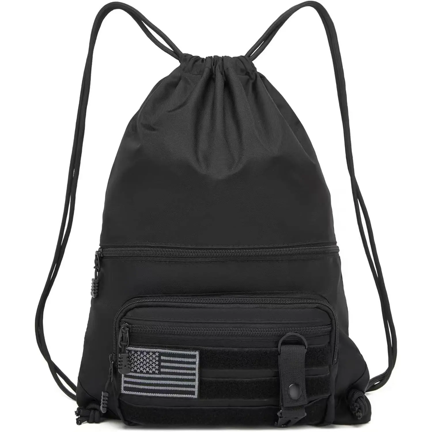 Unisex Tactical Drawstring Backpack - Waterproof Nylon Cinch Bag with Zipper Pockets, Patch, Quickly Organize Items for Teamwork, Hiking, Sports and Leisure, Easy to Carry Gym Daypack for Adults, Gyms, Camping