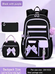 3pcs Contrast Trim Backpack Combo, Colorblock Backpack, With Handheld Meal Bag Stationery Pouch Large Bow Decor Multi-Layer Zipper Compartments Padded Adjustable Straps Large Capacity for Campus Study, Daily Commute & Weekend Trips