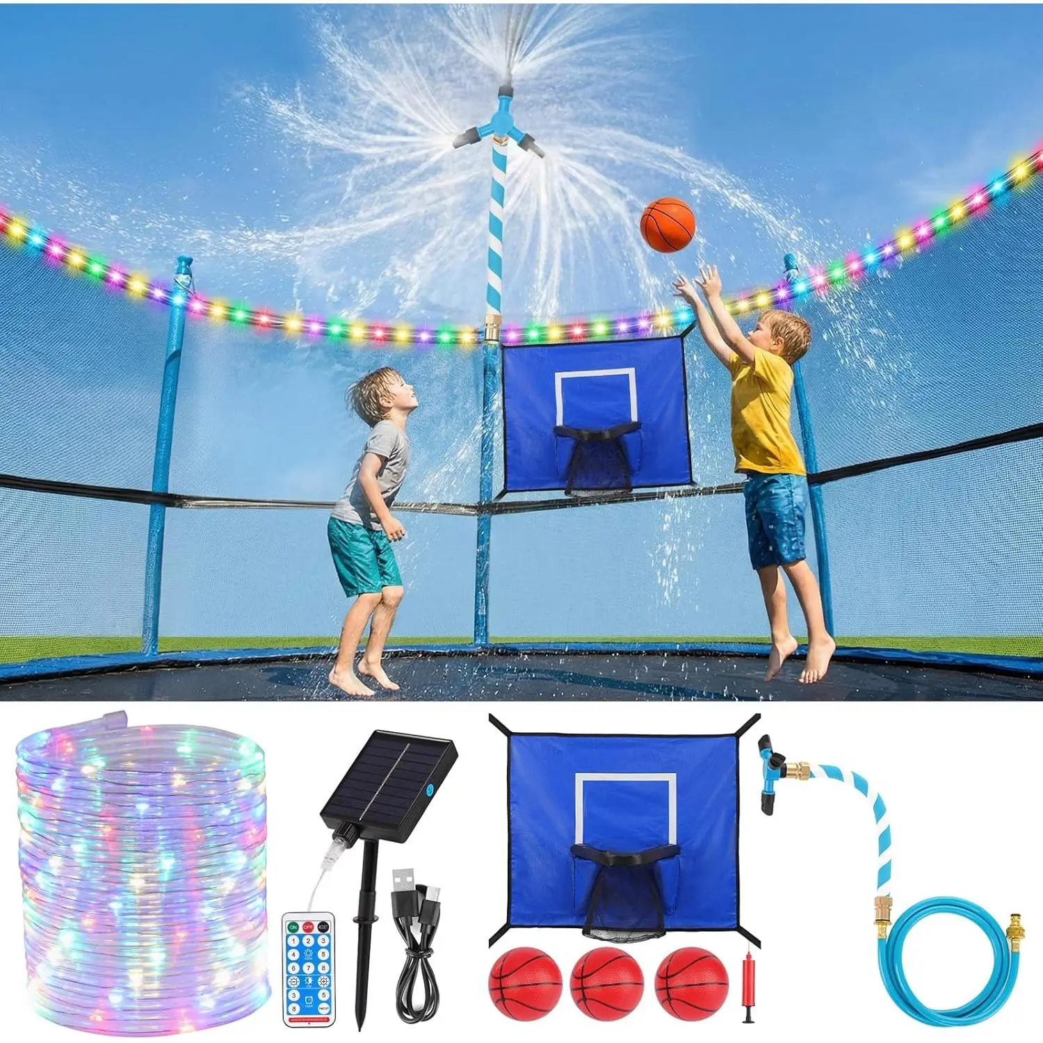 3-in-1 Trampoline Accessories Kit: 360° Rotating Water Sprinkler, 50FT Solar-Powered LED Lights & Kids Basketball Hoop with 3 Mini Balls / 8 Light Modes, Universal Fit for 8-16ft Trampolines