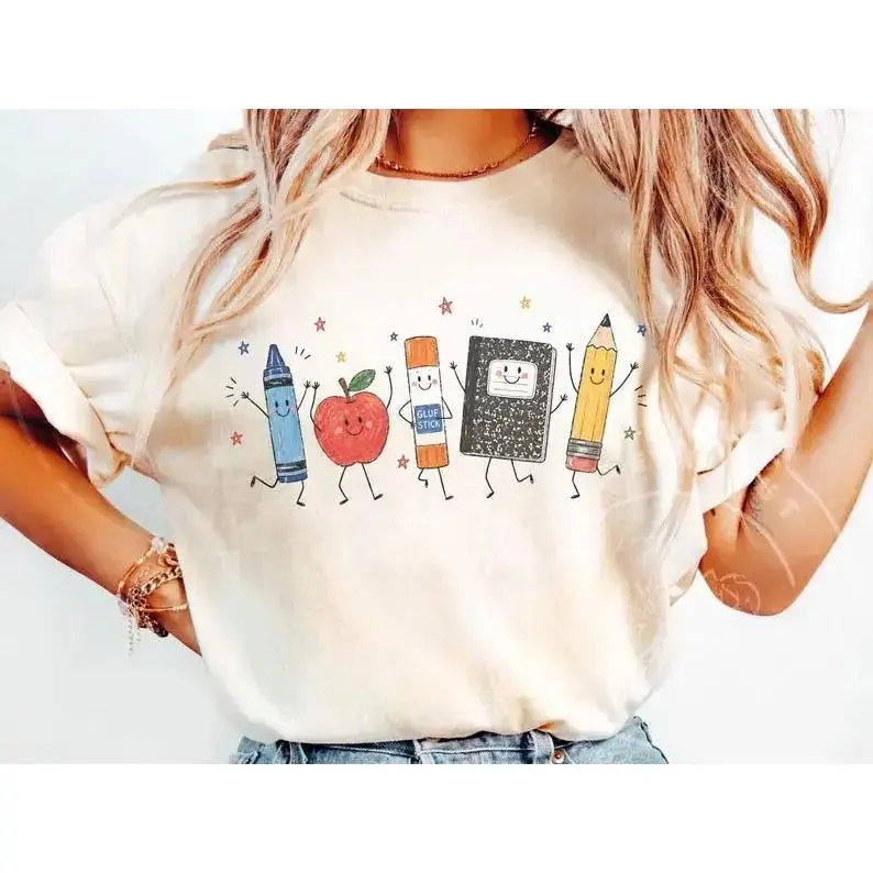 Comfort Colors Cute School Supplies Heritage Graphic Tee, Aesthetic Back To School Spirit Shirt, Radiant Teacher Crayon Apple Pencil Notebook Top, Thoughtful Classroom Sublimation Gift Boutique Heritage Apparel