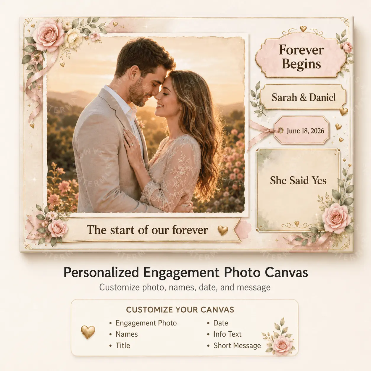 Personalized Engagement Photo Canvas Print - Custom Couple Names, Date, Message, Romantic Floral Aesthetic, Memory Layout, Scratch-Proof Home Decor Wall Art, Valentine’s Day Gift for Bedroom