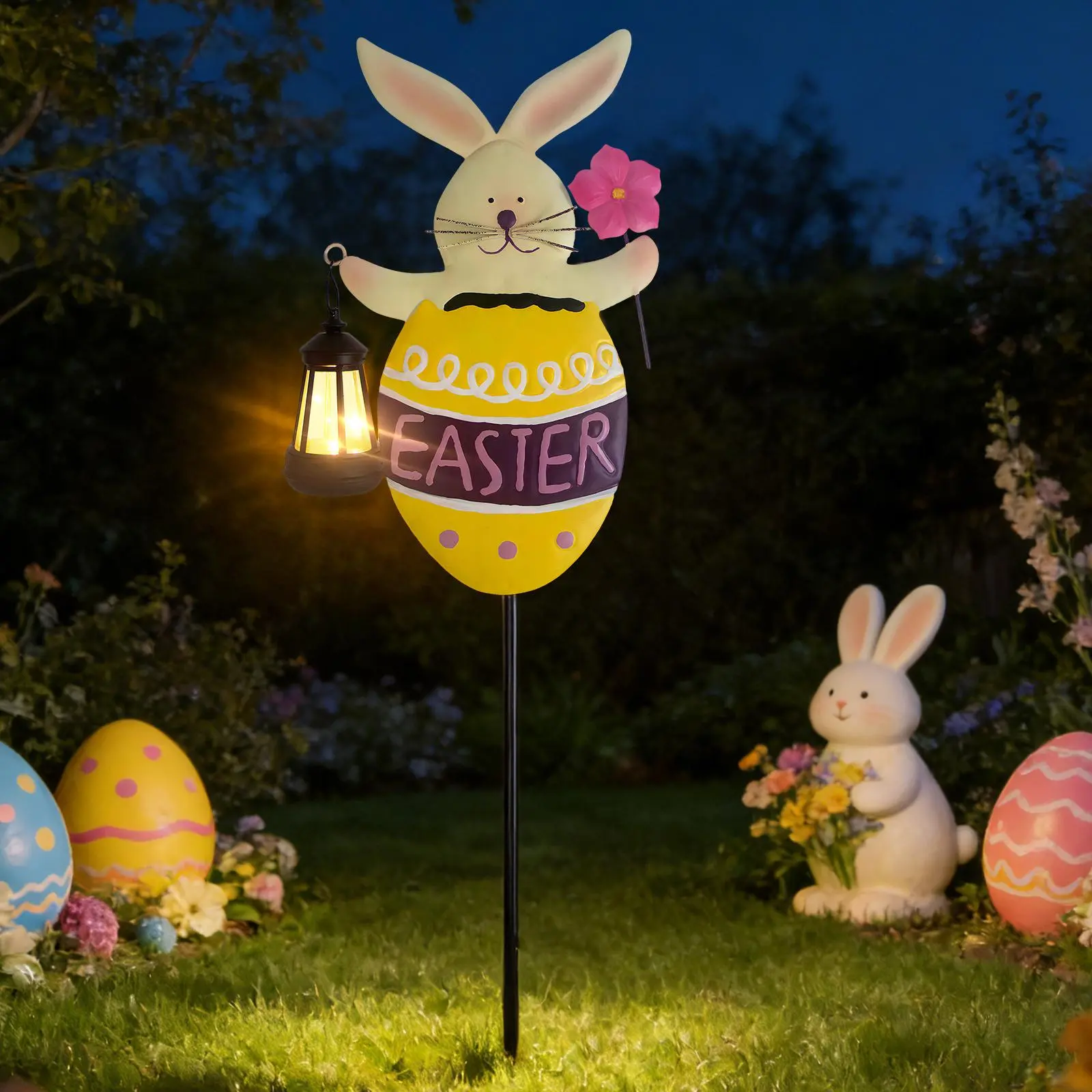 Large Solar-Powered Resin Bunny Shape Easter Outdoor Lantern with Stakes, Garden Patio Festive Decor, Home Holiday Gift